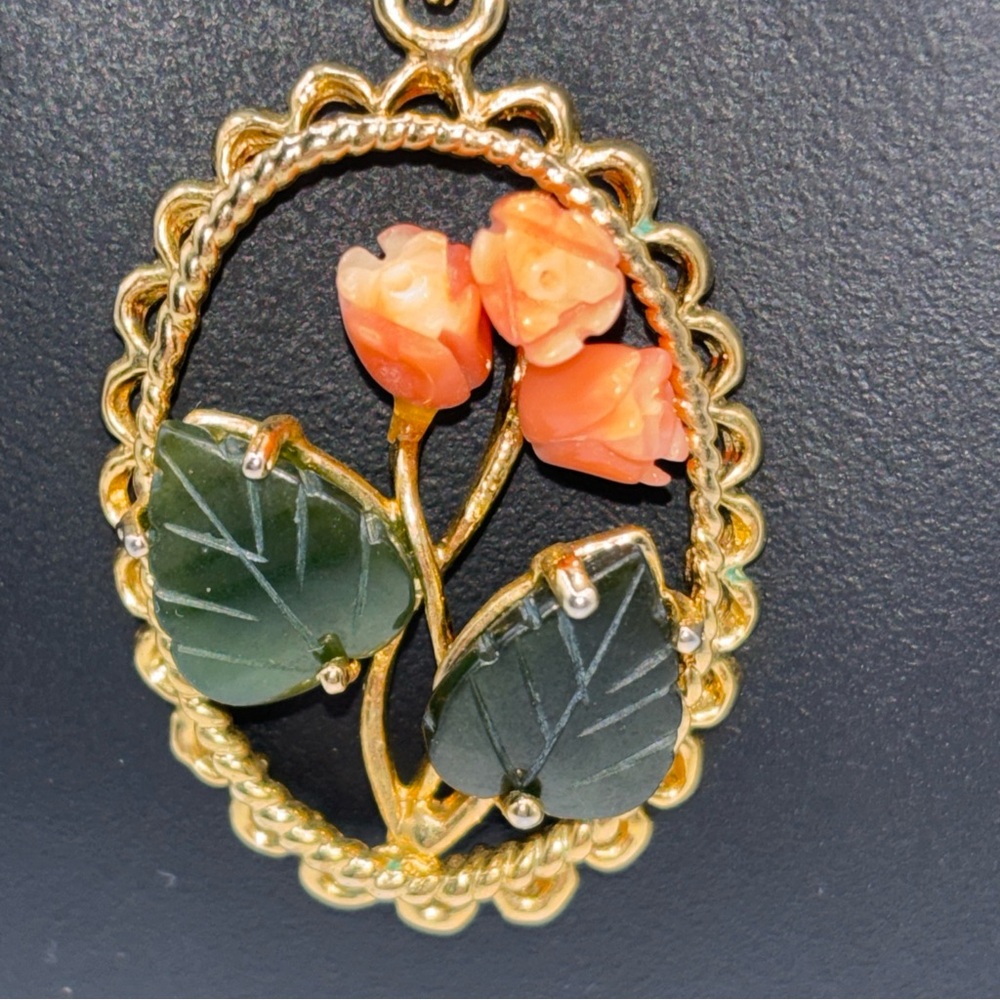 14 K gold filled necklace with floral pendent with carved coral and jade, 1960's